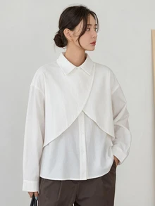 Dazy-Less Women's White Turn-Down Collar Button Long Sleeve Loose Casual Commute Versatile Elegant Blouse, Autumn/Winter - White - View 1