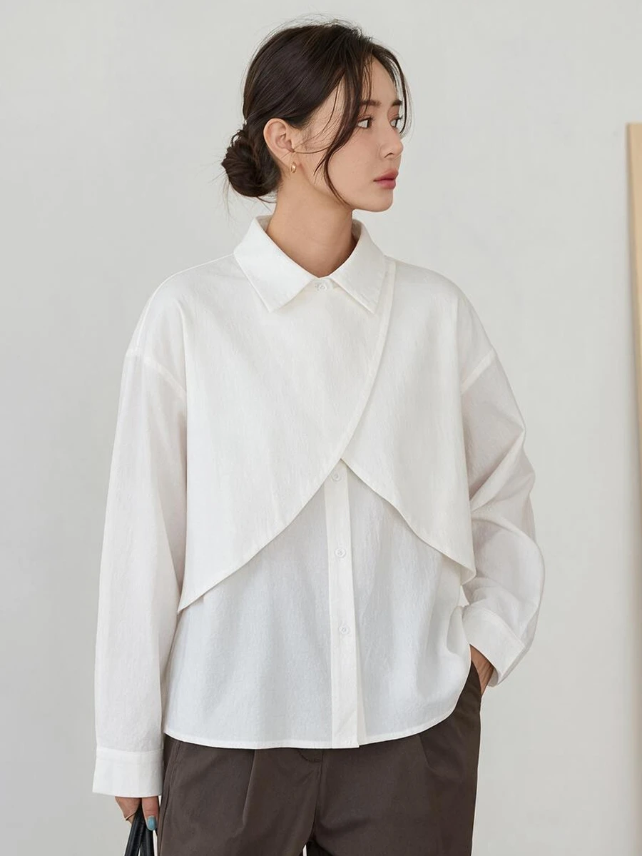Dazy-Less Women's White Turn-Down Collar Button Long Sleeve Loose Casual Commute Versatile Elegant Blouse, Autumn/Winter - White - View 1