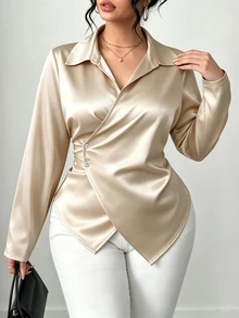 Elenzga Plus Size Women's Asymmetrical Hem Stud Button Tie Satin Fabric Elegant Commuter Blouse, Autumn/Winter Fall - Apricot - View 5