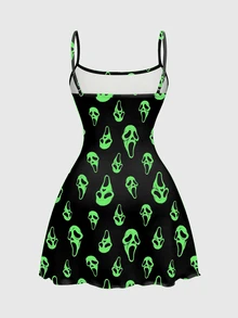 ROMWE Goth 女款全印花休閒日常夏季迷你細肩帶洋裝 - 黑色 - 查看 2