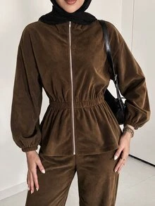 Solavon Women's Solid Color Long Sleeve Zip-Up Jacket And Pants Casual 2 Pieces Set - Brown - View 8