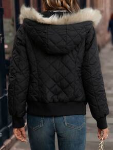 SHEIN Clasi Hooded Padded Fleece Lined Padded Coat, Comfortable And Warm, Winter Coat - Black - View 7