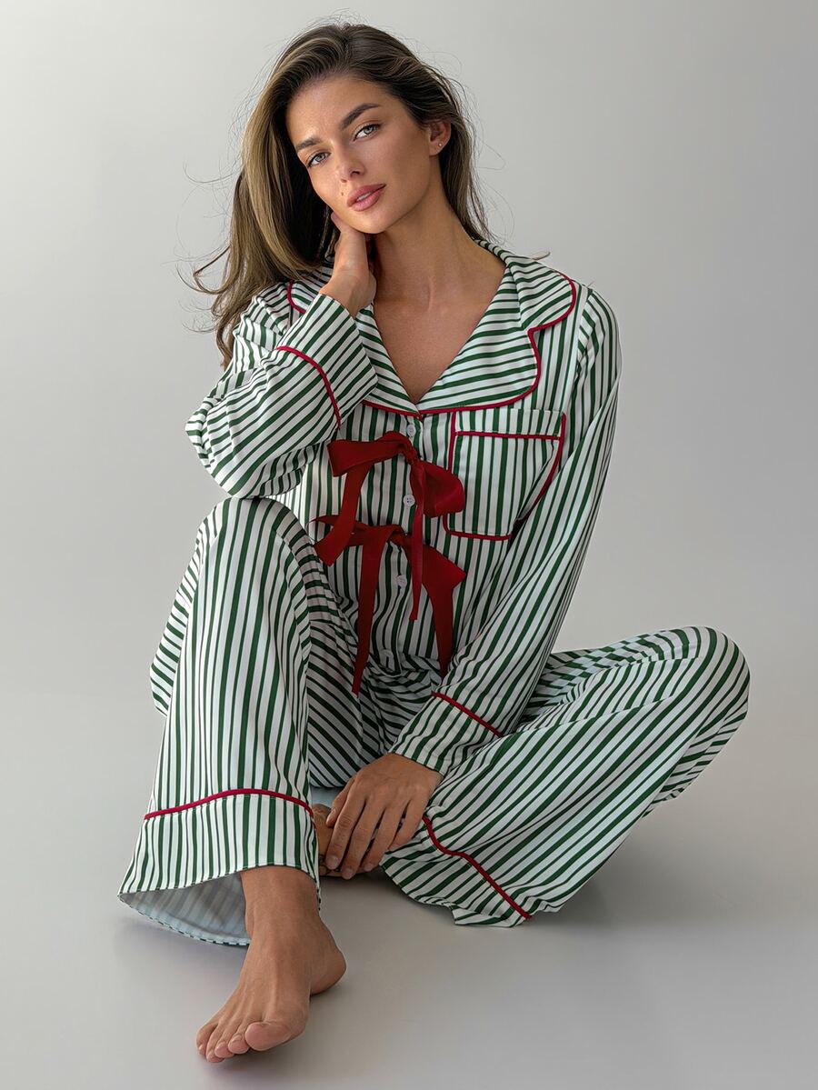 DAZY Women's Striped Bow Decor Long Sleeve Top And Pants Pajama Set - Green - View 1