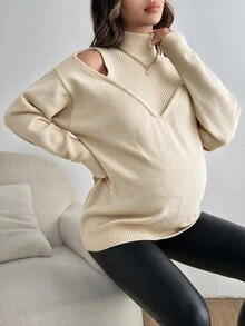 SHEIN 孕婦純色鏤空肩長袖休閒針織衫，秋冬款 - 杏色 - 查看 4