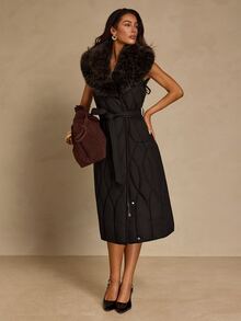 Glamine Winter Black Long Vest Coat With Large Fur Collar And Waist Tie Night Elegant - Black - View 4