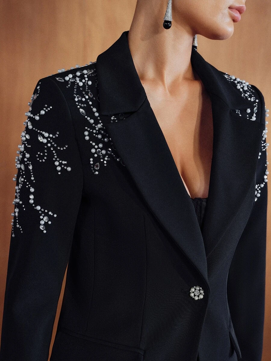 MOTF PREMIUM WOMEN'S AUTUMN/WINTER ELEGANT BEADED & EMBROIDERED BLAZER - Black - View 1