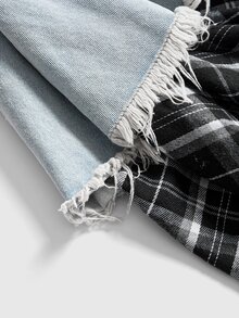 ROMWE Grunge Punk Denim Patchwork Plaid Asymmetrical Hem Halter Neck Frayed Edge Denim Dress - Blue - View 3