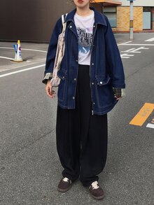 FRIFUL Women's Raglan Long Sleeve Zipper Front Casual Loose Fit Denim Jacket - Blue - View 7