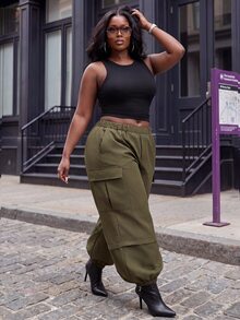 Slaydiva Plus Size Convertible Cargo Parachute Pants, Detachable Leg MultiPocket Baggy Streetwear Trousers - Army Green - View 10