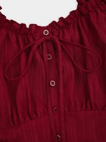 Sweetra Plus Size Women's Burgundy Textured Collar Cinched Waist Ruffle Tie Cuff Long Sleeve Blouse - Burgundy - View 7