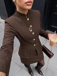 Lavishia Women's Autumn/Winter Metal Single-Breasted Jacket And Skirt Suit Set - Brown - View 1