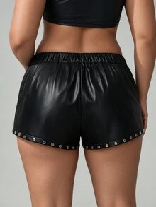 Easura Sexy Low Waist Rivet PU Leather Plus Size Women's Short Shorts Hot Pants - Black - View 5