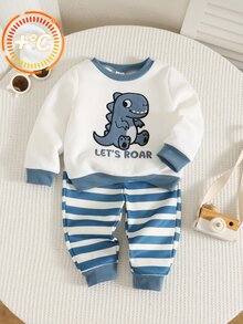 SHEIN 2pcs Baby Boy Baby Girl Baby Boy Autumn/Winter Cartoon Dinosaur Pattern Knitted Soft Crew Neck Long Sleeve Pullover Sweatshirt And Striped Elastic Waist Long Pants - Multicolor - View 8