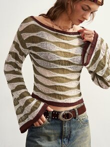 Bohemela Vintage Water Ripple Color Block Bell Sleeve Knit Pullover Sweater - Army Green - View 3