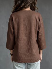 Hansera Middle-Aged Women Casual Tie-Front Shirt For Daily Wear - Brown - View 2