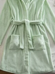 Jubah Berkerudung Kasual Serbaguna dengan Ikat Pinggang Warna Polos untuk Anak Perempuan Remaja - Hijau - View 8