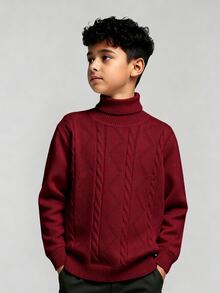 SHEIN Little Byeori 大童男孩紅色高領毛衣，長袖套頭針織秋季毛衣，開學季復古秋季休閒百搭童裝 - 紅色 - 查看 3