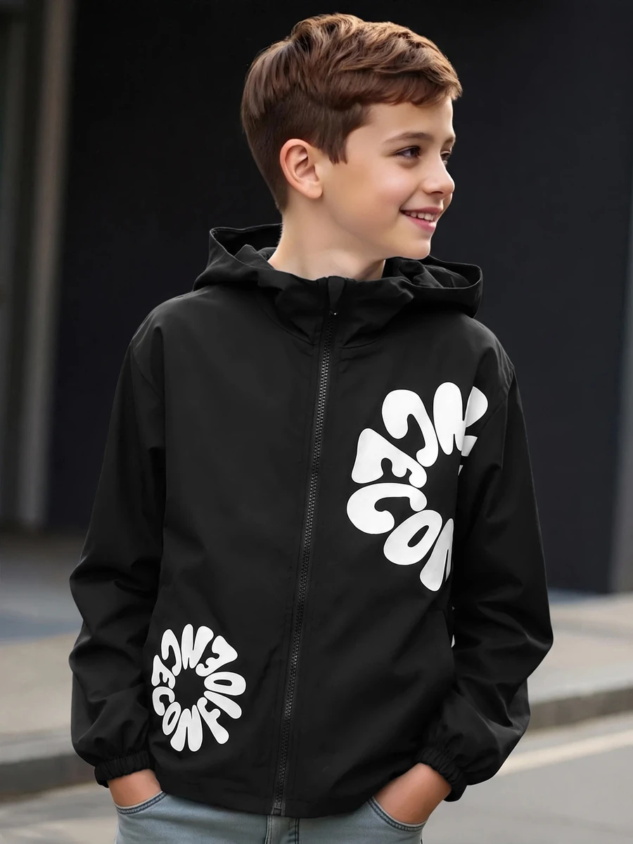 SHEIN 兒童男孩休閒字母圖案印花連帽外套,輕量寬鬆版型拉鍊連帽夾克,黑色秋季開學季冬季外套 - 彩色 - 查看 1