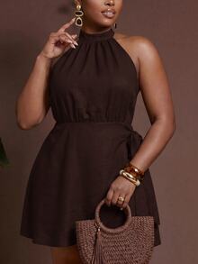 Veslaya Plus Size Women Solid Color Side Knot Halter Neck Fashion Dress - Rust Brown - View 5