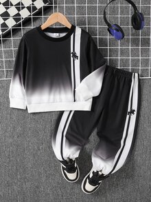 Genkimix Kids 2件組 男童休閒運動大學街頭風漸層酷圖案圓領運動衫+長褲，適合日常穿著、上學、旅行、運動，春秋冬季皆宜，簡約設計，舒適時尚，實用且有型的男童衣櫥選擇 - 黑與白 - 查看 3