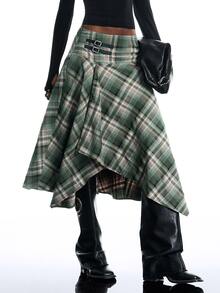 LYSMO Women's Waist Buckle Design Plaid Asymmetrical Hem Casual Skirt - Multicolor - View 6