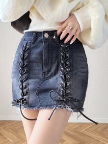 FRIFUL Women's Tie-Up Design Casual Daily Denim Mini Skirt - Blue - View 6