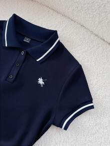 Elamini 休閒運動通勤百搭刺繡圖案翻領上衣與A字裙套裝 - 藏蓝色 - 查看 7