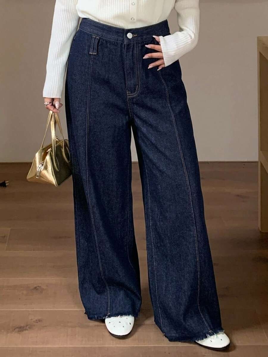 Dazy Plus Vintage Washed Blue Loose Distressed Split Line Waist Decor Plus Size Loose Fit Long Denim Dress, Plus Size Women Autumn Women Jeans - Dark Wash - View 1