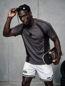 Gym Rark Kaos Olahraga Lengan Pendek Blok Warna Abu-abu & Hitam, Kaos Kasual Luar Ruangan Bergaya Pria dengan Motif Cetak, untuk Olahraga di Gym - Dark Grey - View 5