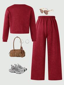 SHEIN Tween Girl Sweatshirt Set, Vintage Distressed Print 2 Pieces Set, Crew Neck Long Sleeve Pony Print Cropped Sweatshirt & Loose Long Pants Casual Outfit - Red - View 4