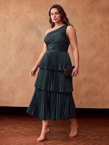 MOTF Soiréza PLUS SIZE WOMEN ONE SHOULDER SLEEVELESS PLEATED PATCHWORK MULTI-LAYER HEM ELEGANT COCKTAIL DRESS - Dark Green - View 7