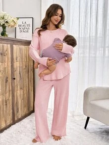 Slowluna Maternity Solid Color Nursing Long Sleeve Top And Adjustable Waist Long Pants Casual 2 Pieces Set - Pink - View 9
