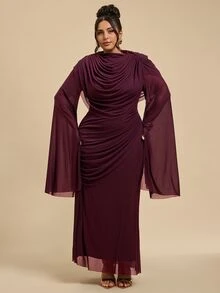 SHEIN BAE CURVE Đầm tay dài màu tím size lớn phong cách thanh lịch lãng mạn với độ rủ đẹp, phù hợp cho các dịp đặc biệt, đám cưới, tiệc tối và tiệc trang trọng mùa thu - Màu đỏ tím - Xem 5