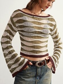 Bohemela Vintage Water Ripple Color Block Bell Sleeve Knit Pullover Sweater - Army Green - View 5