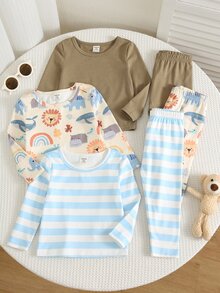 SHEIN 6件組嬰兒男童女童秋冬條紋卡通圖案針織軟綿圓領長袖套頭上衣＋鬆緊腰長褲，百搭舒適 - 彩色 - 查看 3