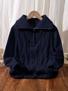 SHEIN 兒童青少年男孩休閒日常百搭舒適半開襟長袖套頭針織毛衣，純色，適合通勤、上學、日常休閒、度假、旅行、運動，秋冬款 - 藏蓝色 - 查看 3