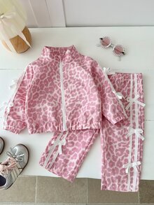 SHEIN Playful Pals 2件組幼女夾克長褲套裝，可愛甜美粉色豹紋蝴蝶結側條紋，長袖立領，休閒正裝，秋季公主風舒適慢跑時尚款 - 彩色 - 查看 8