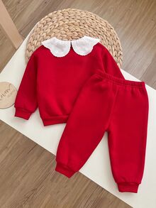SHEIN Baby Girl Cherry Embroidery Pattern Casual Daily Long Sleeve Sweatshirt And Pants Set - Red - View 2