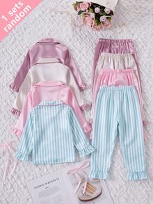 女嬰粉色蝴蝶結印花長袖褲裝 2 件套居家服，春/夏 - 藍色 - 查看 2