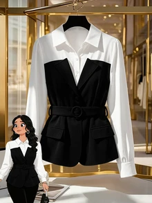 Velvienne Plus Size Minimalist Elegant Versatile Colorblock Patchwork Blouse For Women - Black and White - View 3