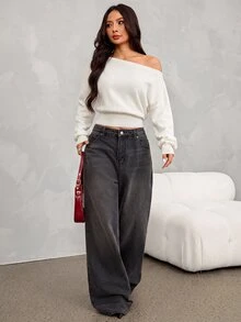 SHEIN PETITE 女款純色不對稱肩休閒性感優雅百搭日常長袖針織衫 夜店聚餐黑色秋季 - 白色 - 查看 7