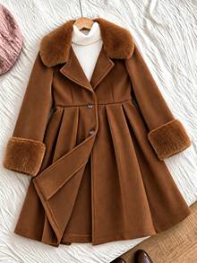 SHEIN 少女冬季大衣 優雅人造毛領保暖外套 - 棕色 - 查看 5