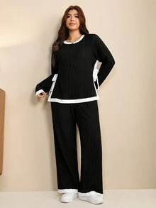 Edennvi Plus Size Women's Autumn Fashion Contrast Trim Round Neck Long Sleeve Knit Top And Pants Casual Elegant Set Fall Homewear Going Out Black And White - Black and White - View 6