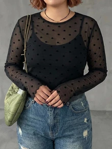 Dazy Plus Plus Size Women Polka Dot Casual Sheer Long Sleeve Top - Black - View 7
