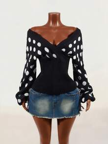 Mistrie Women's Black And White Polka Dot V-Neck Casual Elegant Daily Long Sleeve Sweater Night Out Date Night Fall - Black and White - View 5