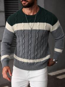 Marcello Vane Men's Colorblock Round Neck Long Sleeve Casual Cable Knit Sweater - Multicolor - View 5