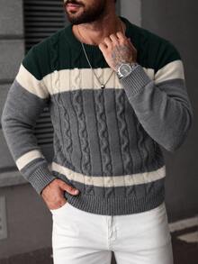 Marcello Vane Men's Colorblock Round Neck Long Sleeve Casual Cable Knit Sweater - Multicolor - View 7