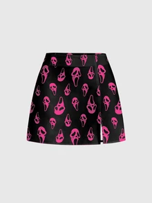 ROMWE Goth 哥德式暗黑美學高開衩學院風神祕森林印花性感迷你裙女款 - 黑色 - 查看 1