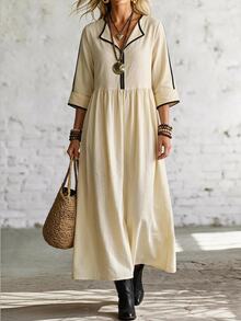 Hansera Middle-Aged Women 3/4 Sleeve Cuffed Casual Dress - Apricot - View 3