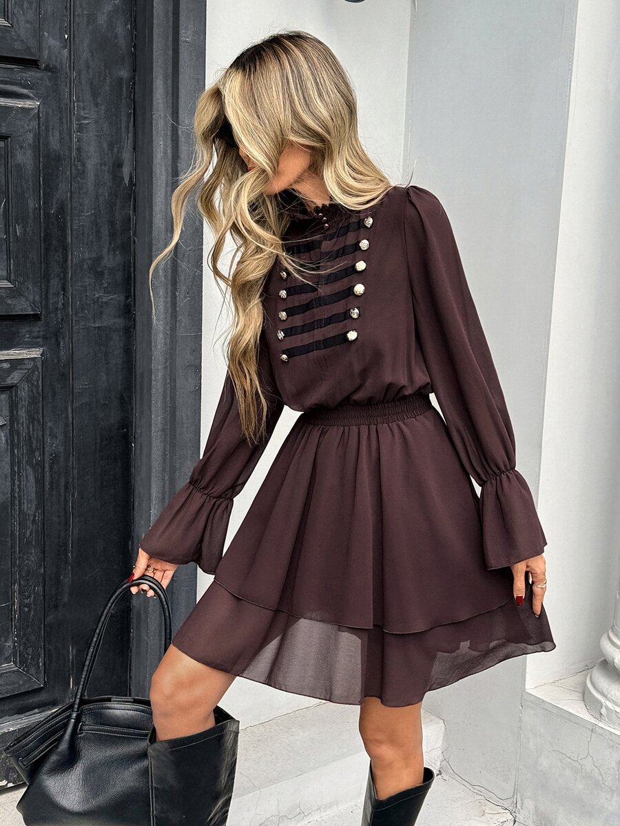Serisse Women's Napoleon Street Style Ruffle Hem Dress - Brown - View 1